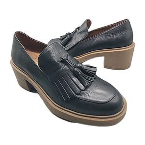NEW AEROSOLES Gibes Fringe Loafer Black Leather Fringe Tassels Heel Sz 8